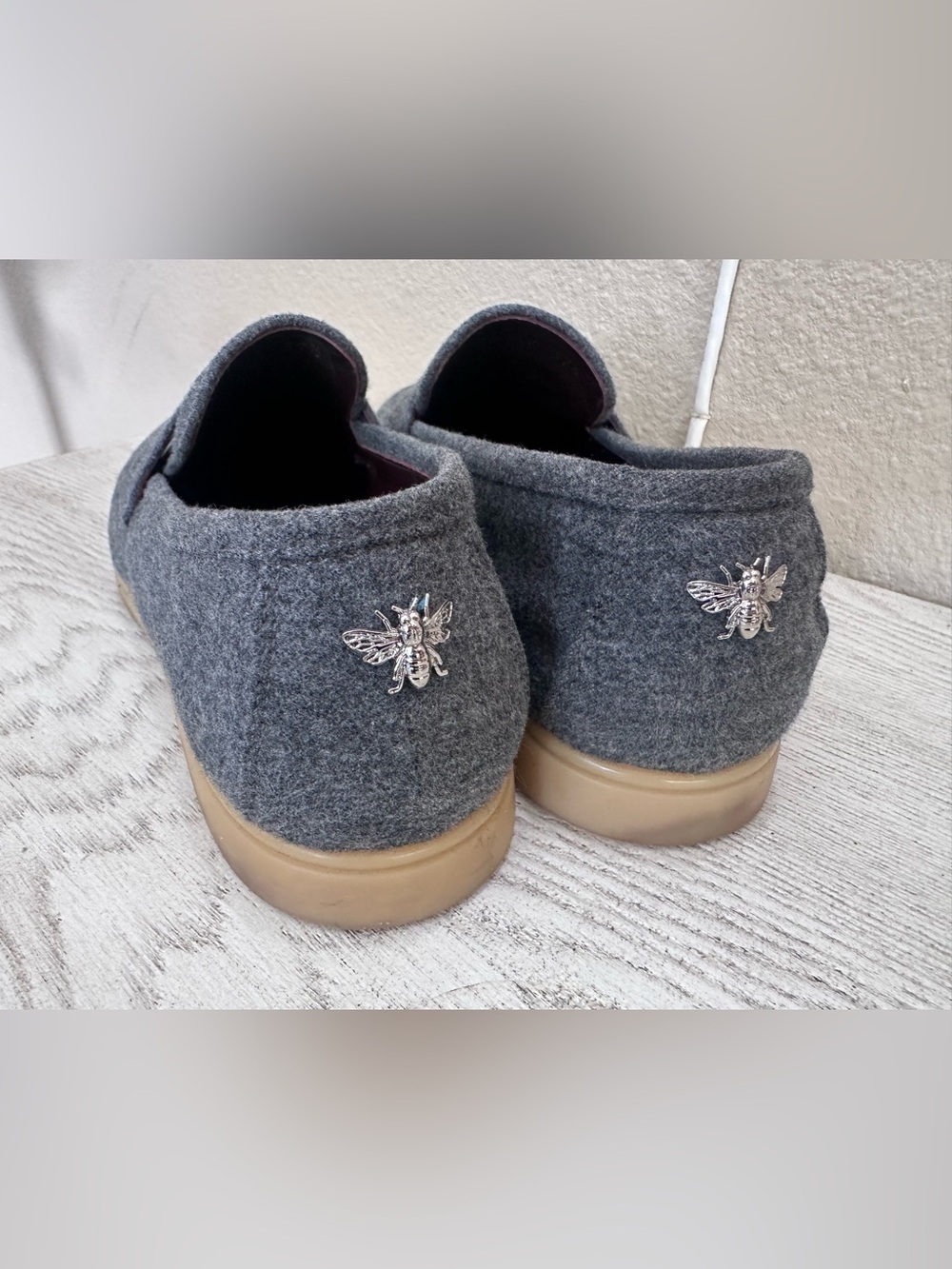 Women's Grey Wool Slip-On Loafers with Decorative Bee Accent